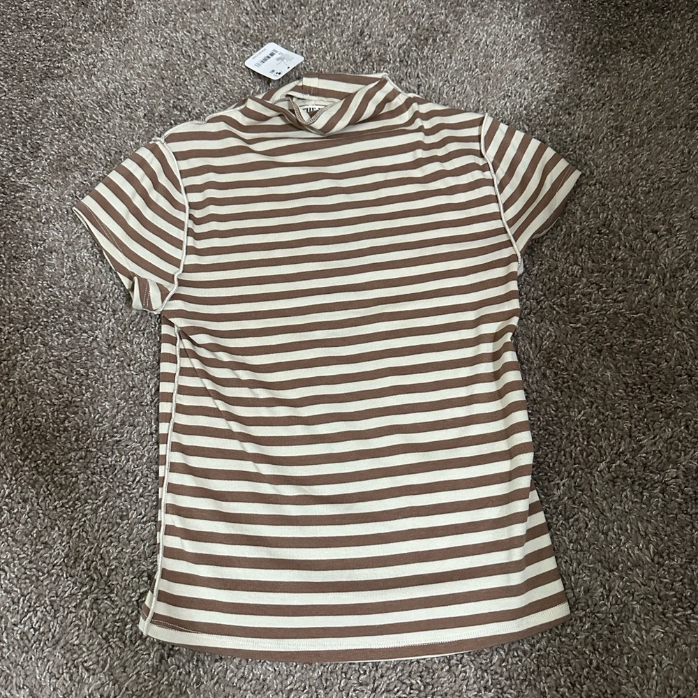 Free People Brown and Cream Striped Mock Neck Tee
